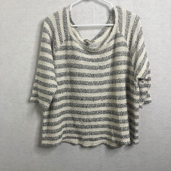 Lucky Brand Tops - Lucky Brand Striped Knit Top Cream Gray Textured Short Sleeve Sweater Size Large
